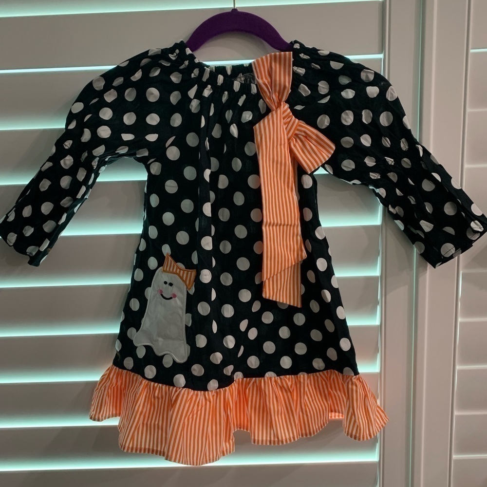 Halloween Dress NEW Girls Ghost Appliqué Dress Black/White Dots & Orange Stripes